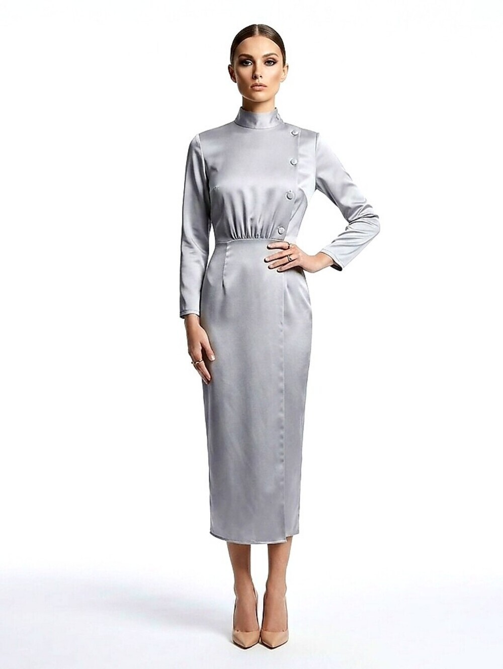 Vintage Editorial Mandarin Collar Silver Dress Size Small